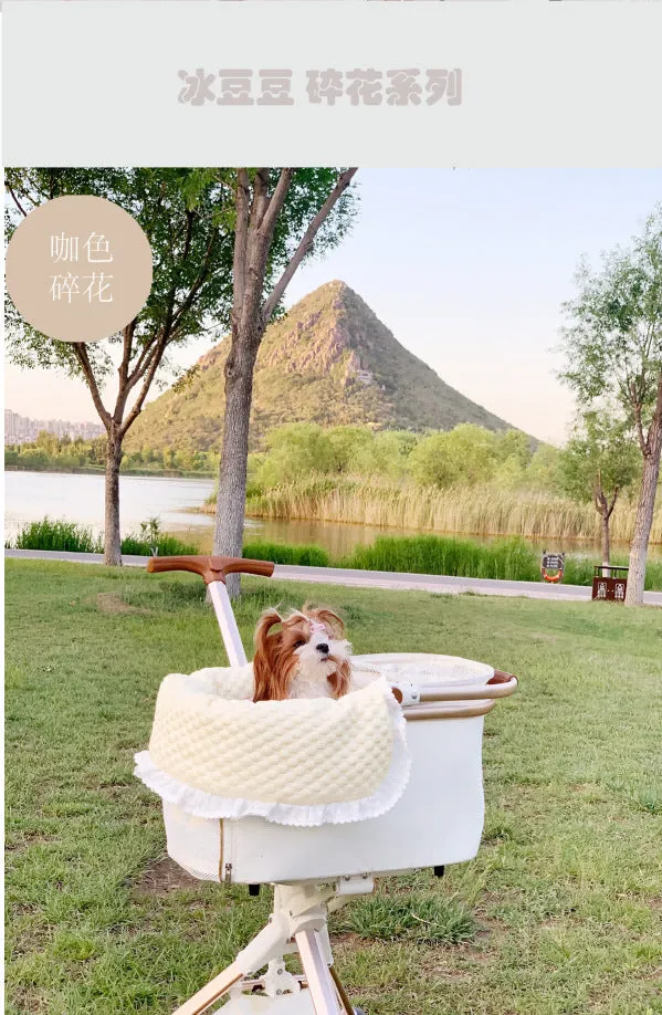 Cotton pet stroller set with anti-dirty towel, cushion, and pillow in a striped pattern.