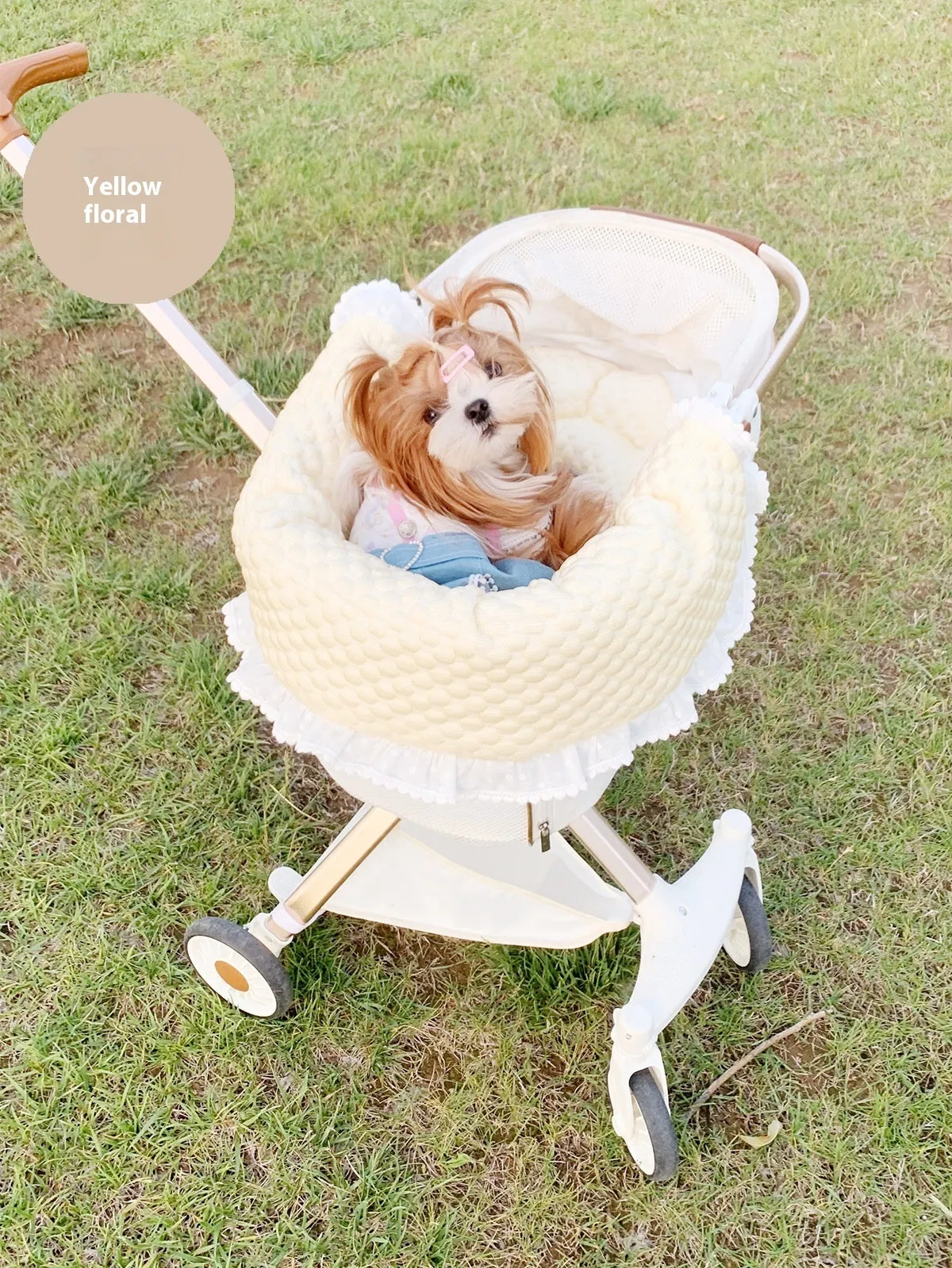 Cotton pet stroller set with anti-dirty towel, cushion, and pillow in a striped pattern.