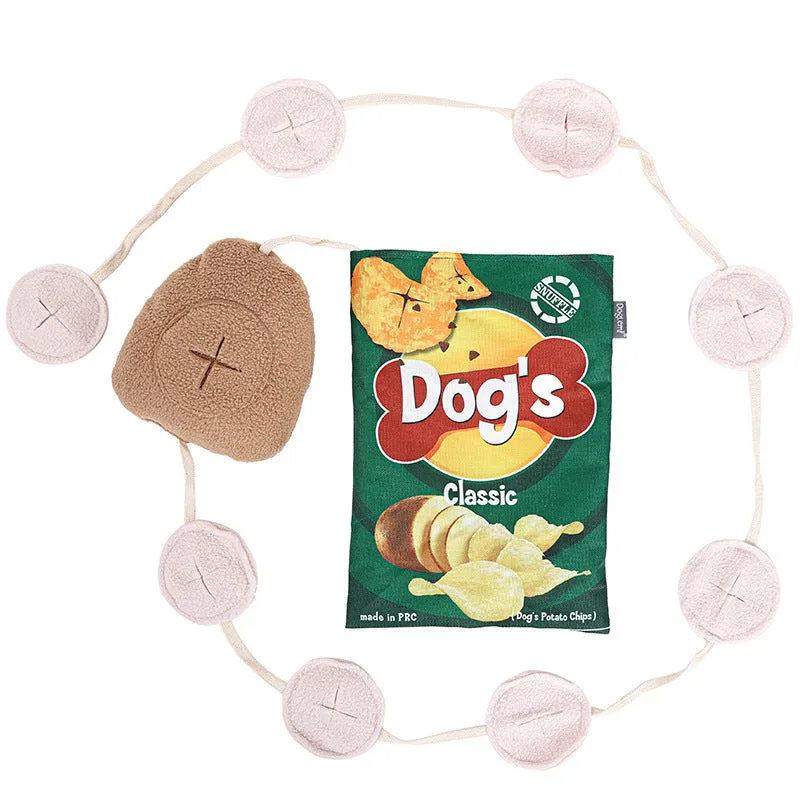 Dog fashion personality potato chips plush toy in yellow, green, and blue colours with polyester construction