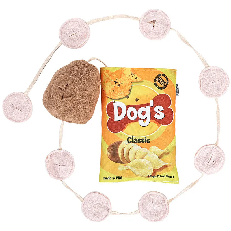 Dog fashion personality potato chips plush toy in yellow, green, and blue colours with polyester construction