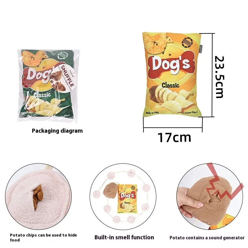 Dog fashion personality potato chips plush toy in yellow, green, and blue colours with polyester construction