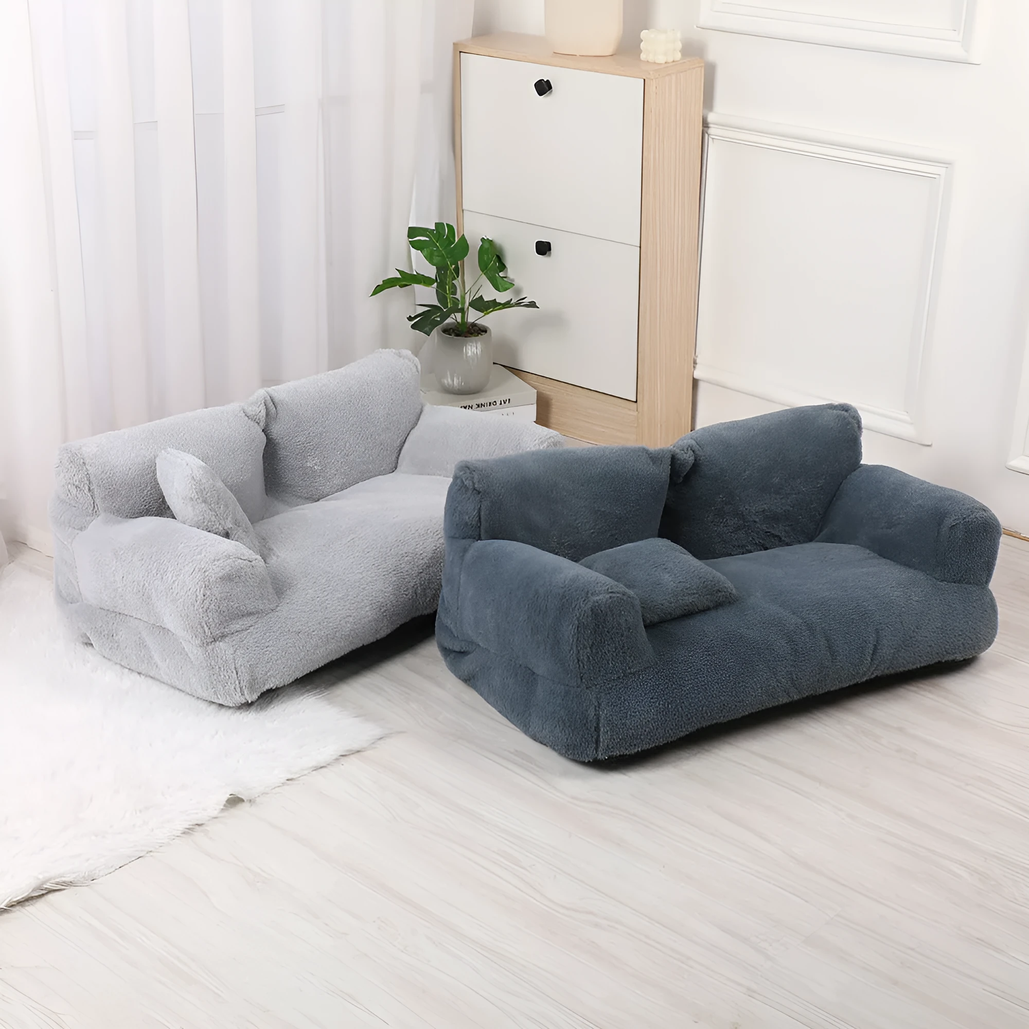 Rabbit plush pet sofa nest in khaki, three colour options, six sizes from S to XXXL for dogs