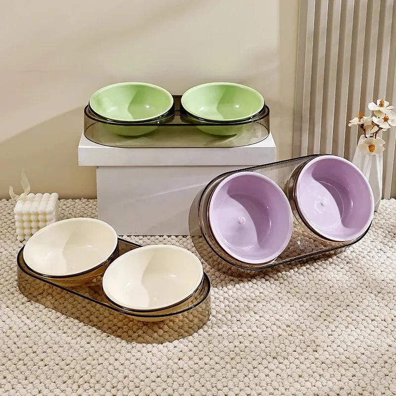 Transparent plastic double cat and dog bowl with two compartments for food and water