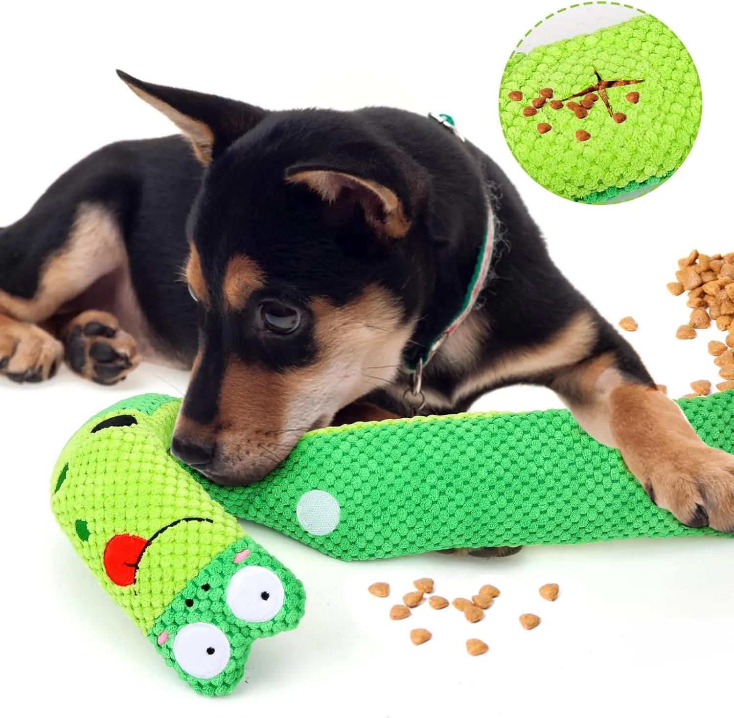 Green frog-shaped velvet dog squeak toy with hidden food holes for foraging puzzles.