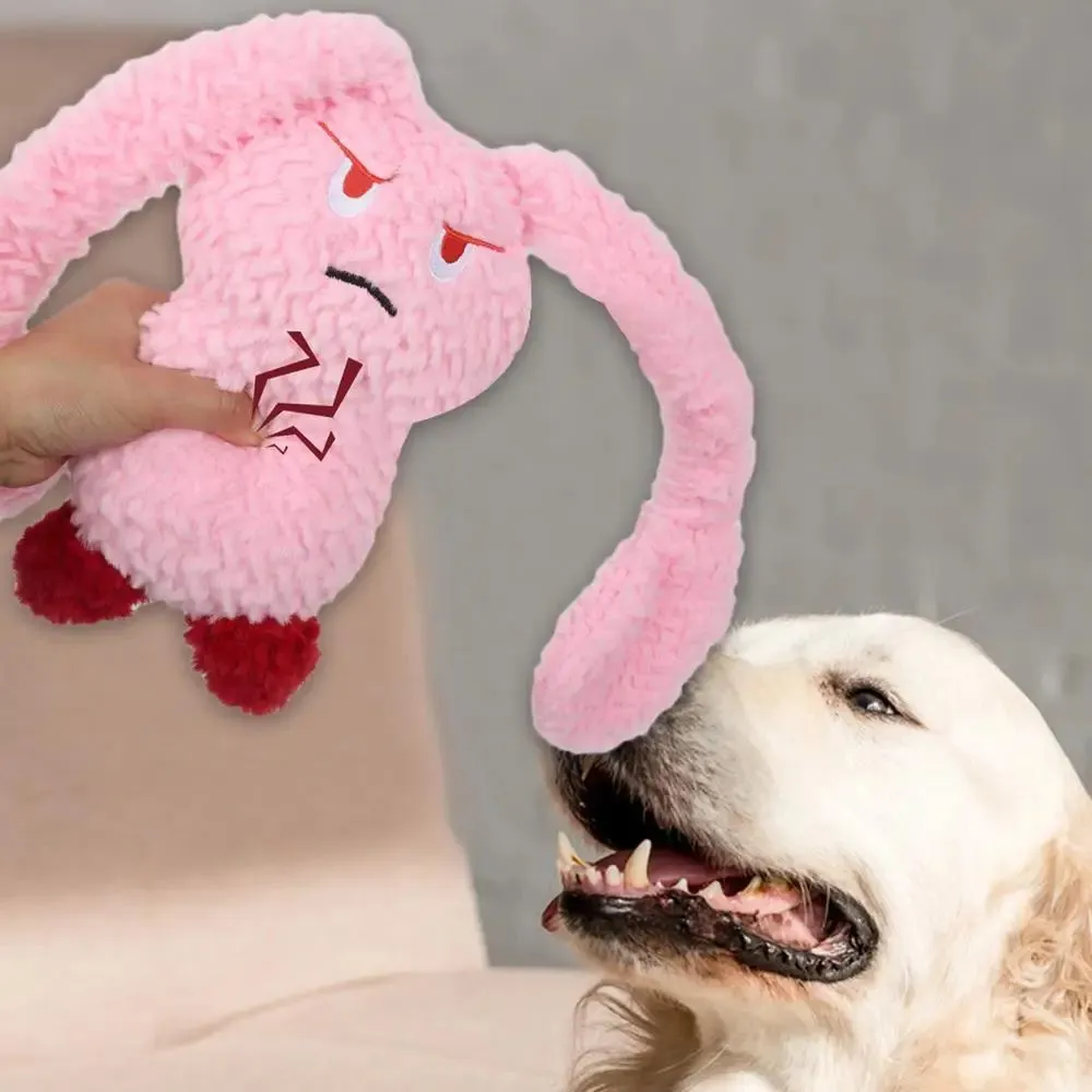 Bunny-shaped dog teething toy in blue, plush fabric with PP cotton filling, about 35 cm long
