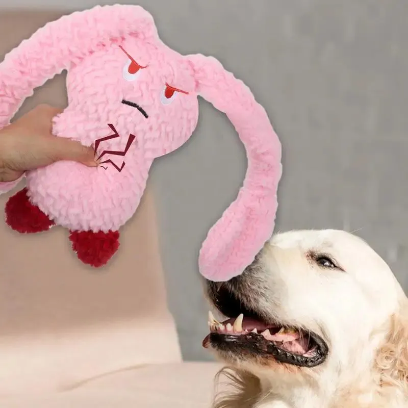 Bunny-shaped dog teething toy in blue, plush fabric with PP cotton filling, about 35 cm long