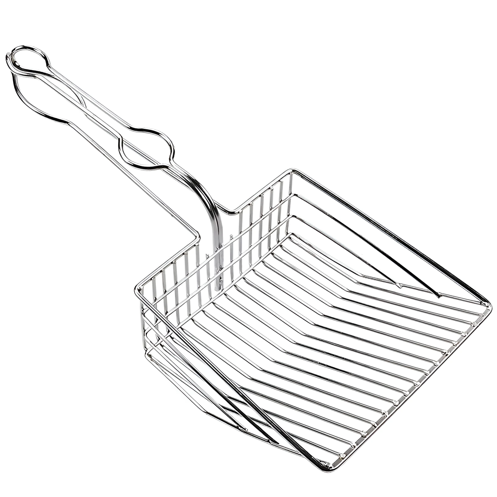 Iron cat litter scoop with electroplating, two size options, small and large, on a neutral background