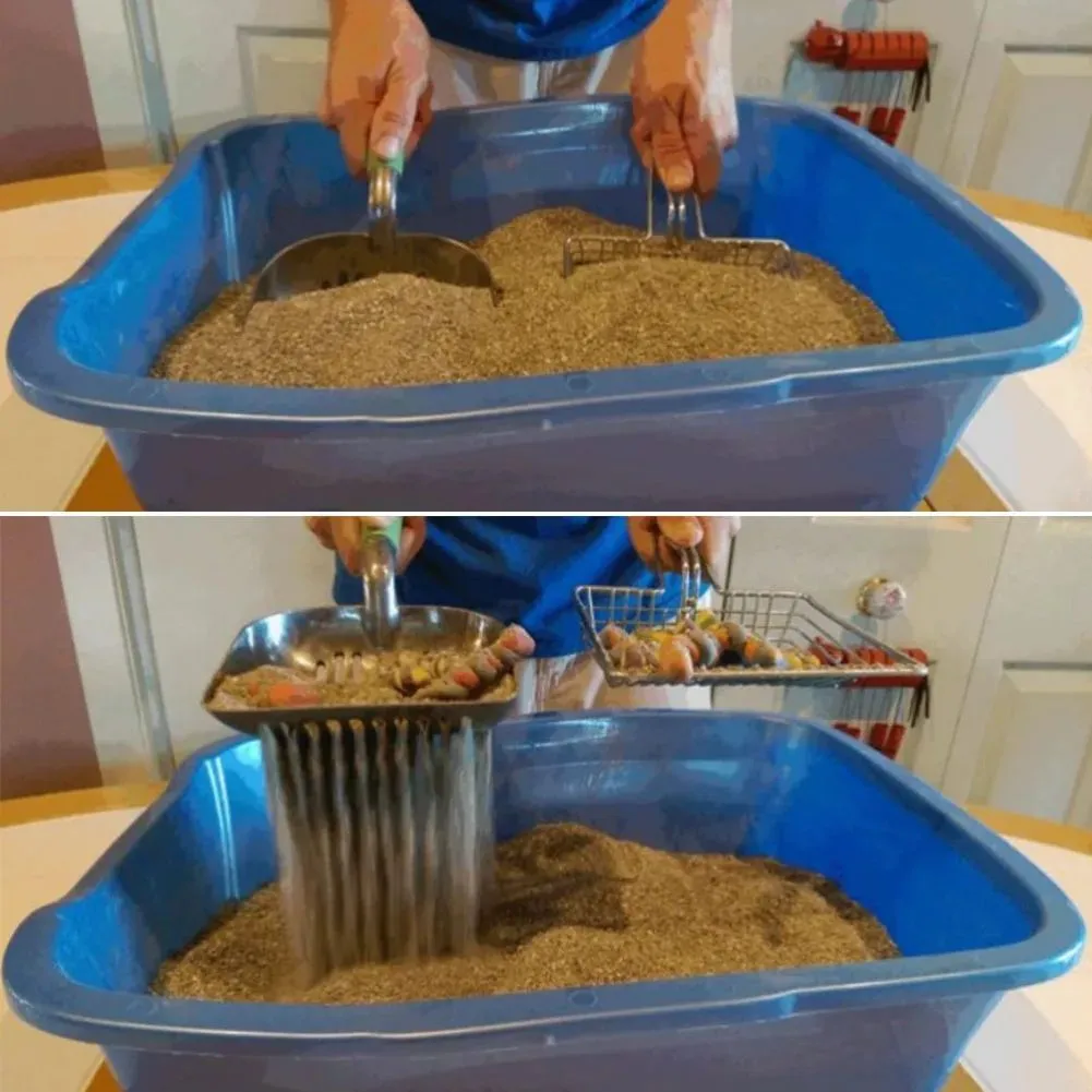Iron cat litter scoop with electroplating, two size options, small and large, on a neutral background
