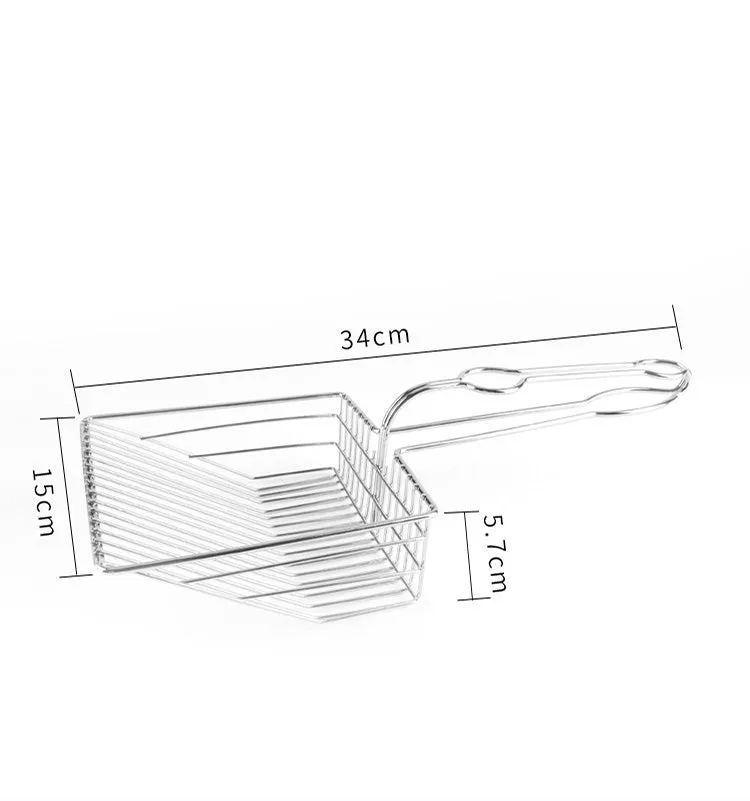 Iron cat litter scoop with electroplating, two size options, small and large, on a neutral background
