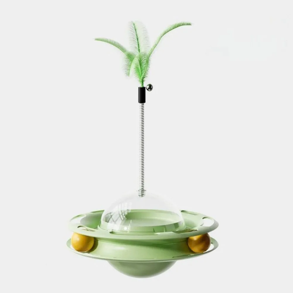 Cat UFO tumbler turntable toy with blue plastic base and feather attachment on a white background, pet entertainment product