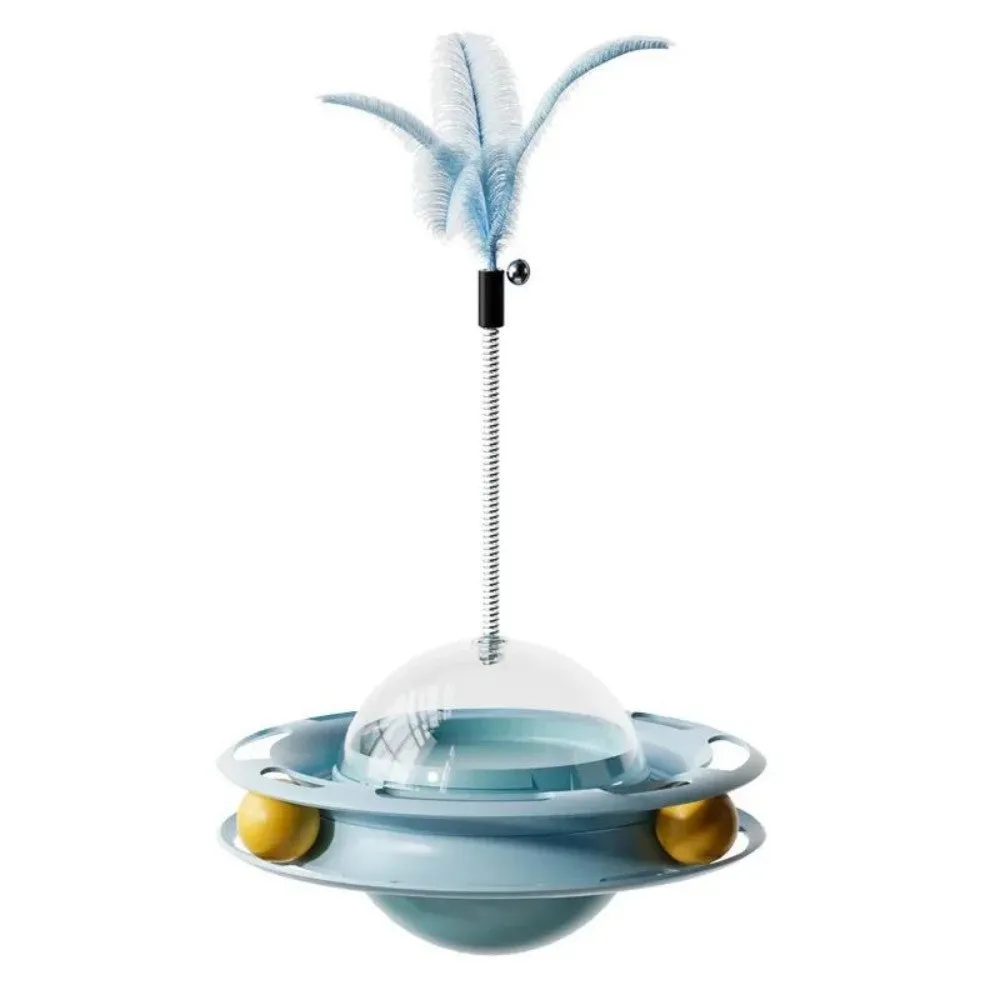 Cat UFO tumbler turntable toy with blue plastic base and feather attachment on a white background, pet entertainment product