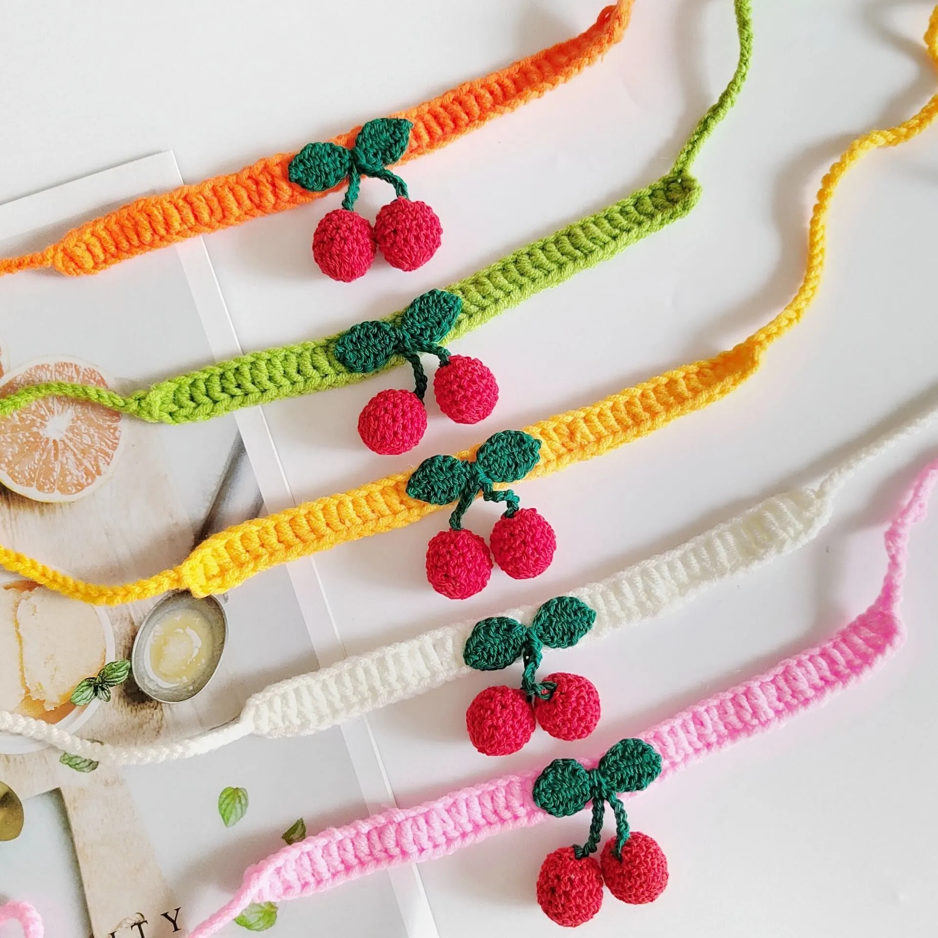 Handmade knitted cat collar in cotton thread with fruit pattern, free size 60cm, princess style