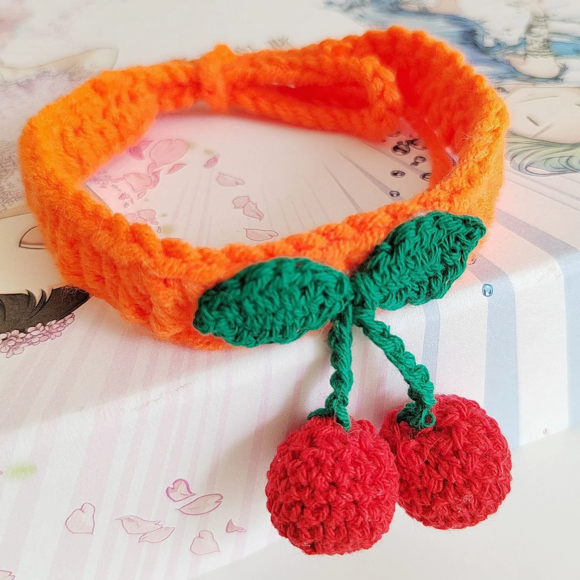 Handmade knitted cat collar in cotton thread with fruit pattern, free size 60cm, princess style