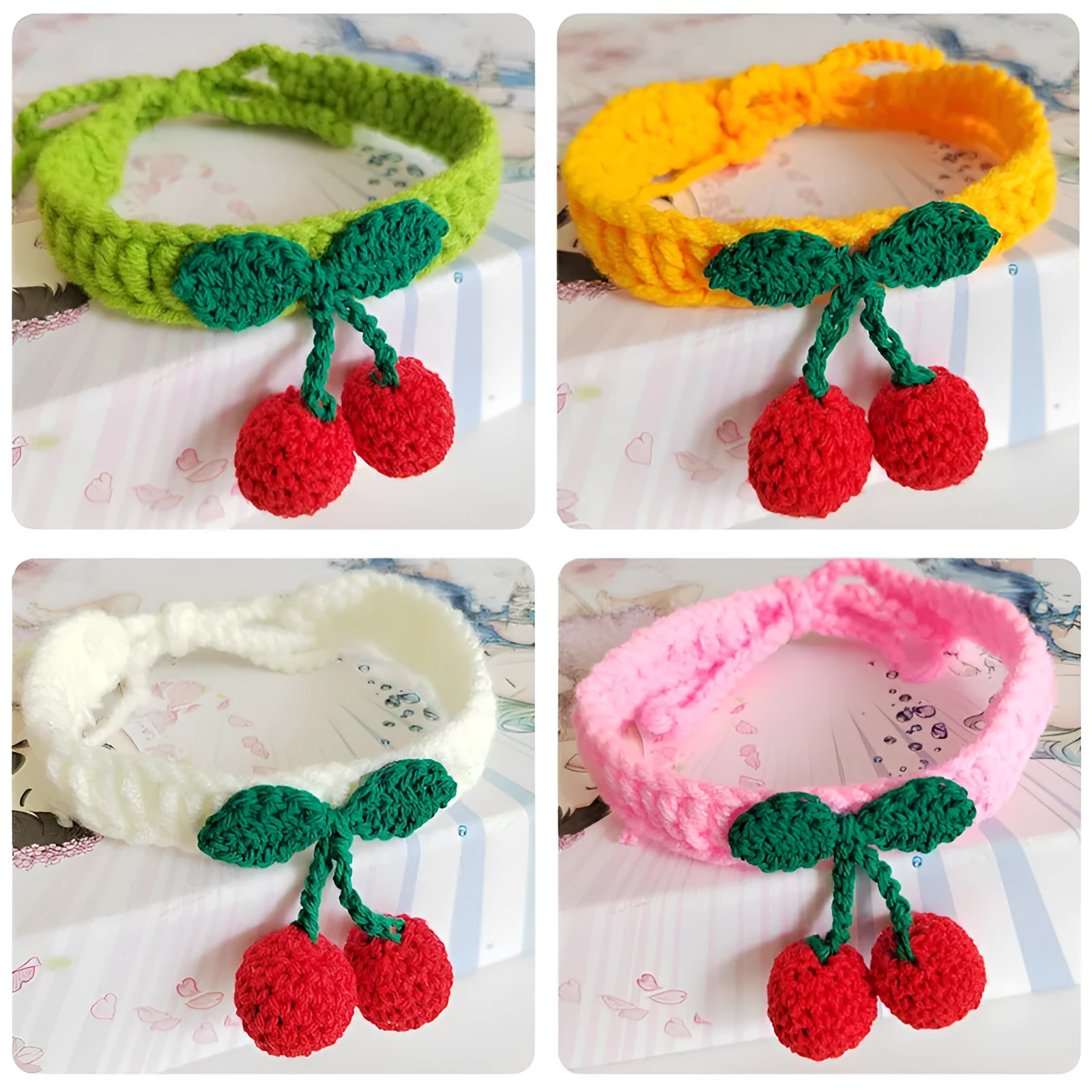 Handmade knitted cat collar in cotton thread with fruit pattern, free size 60cm, princess style