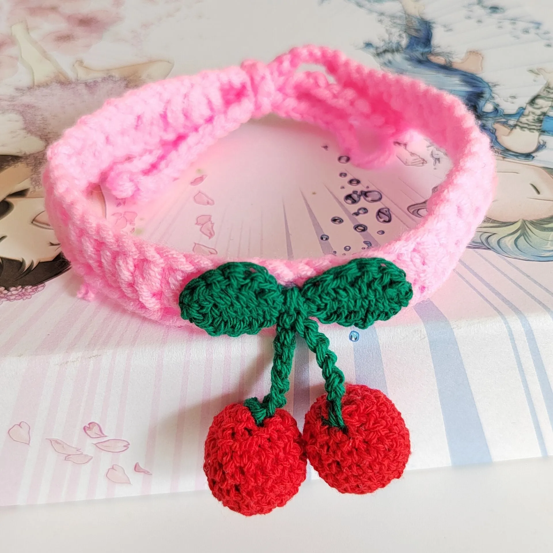 Handmade knitted cat collar in cotton thread with fruit pattern, free size 60cm, princess style