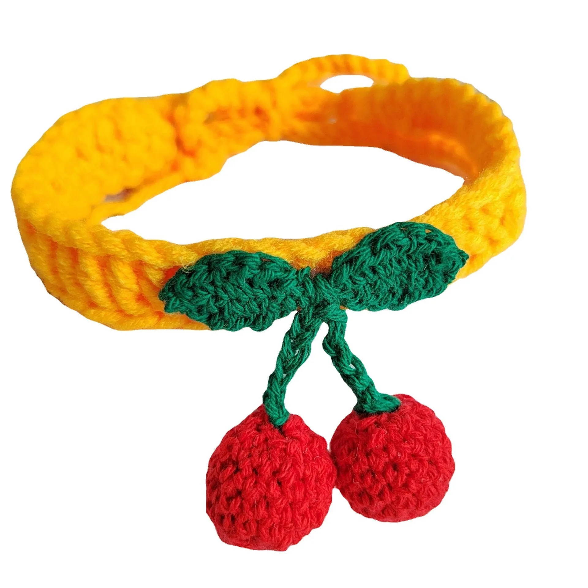 Handmade knitted cat collar in cotton thread with fruit pattern, free size 60cm, princess style