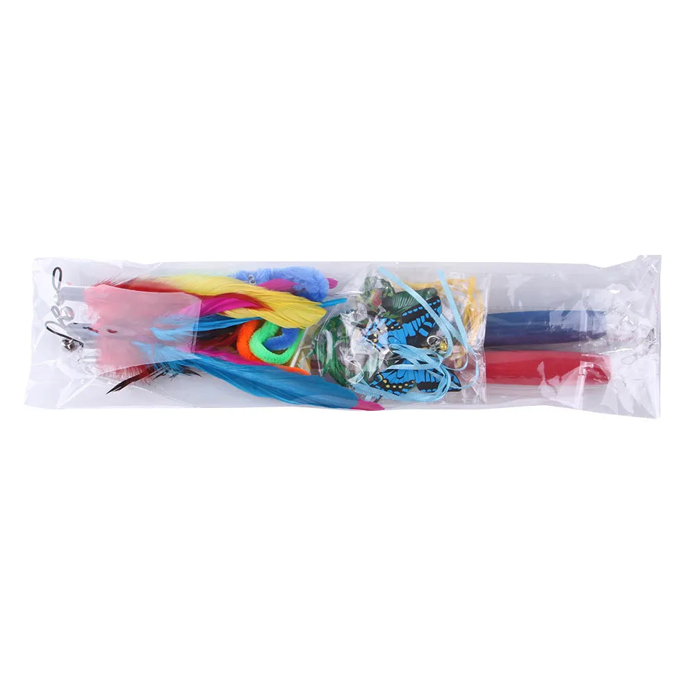 Butterfly combination pet toy set with fishing rod cat teaser and EVA pieces in assorted colours on white background