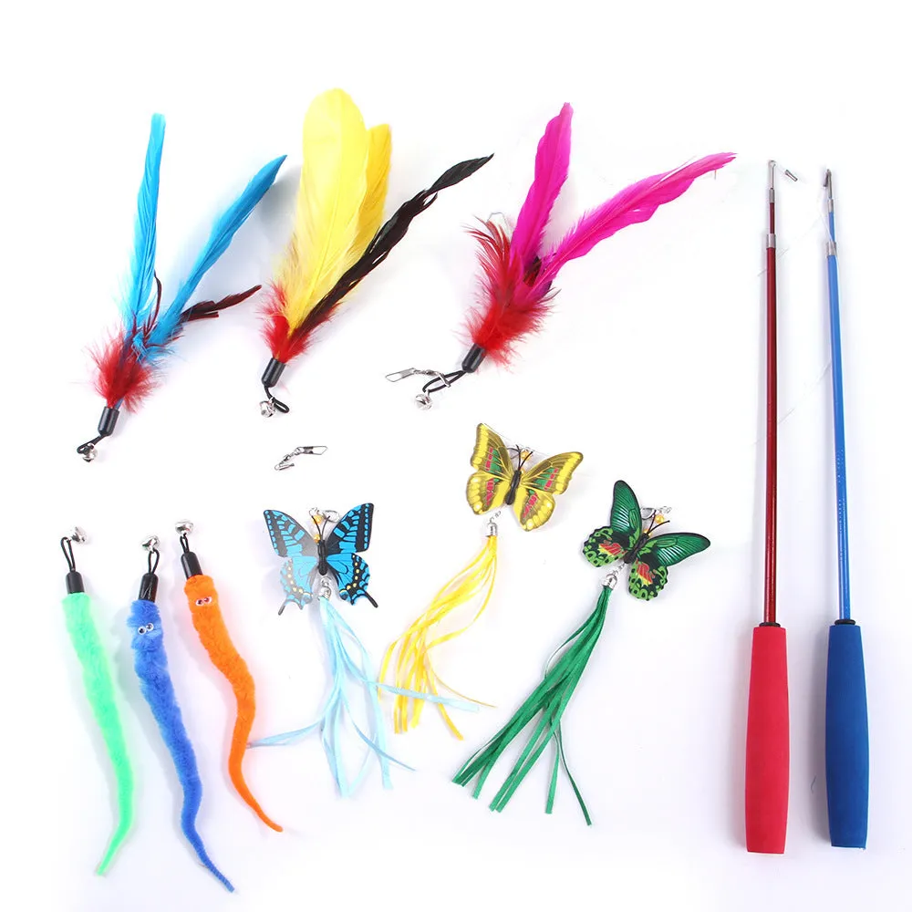 Butterfly combination pet toy set with fishing rod cat teaser and EVA pieces in assorted colours on white background