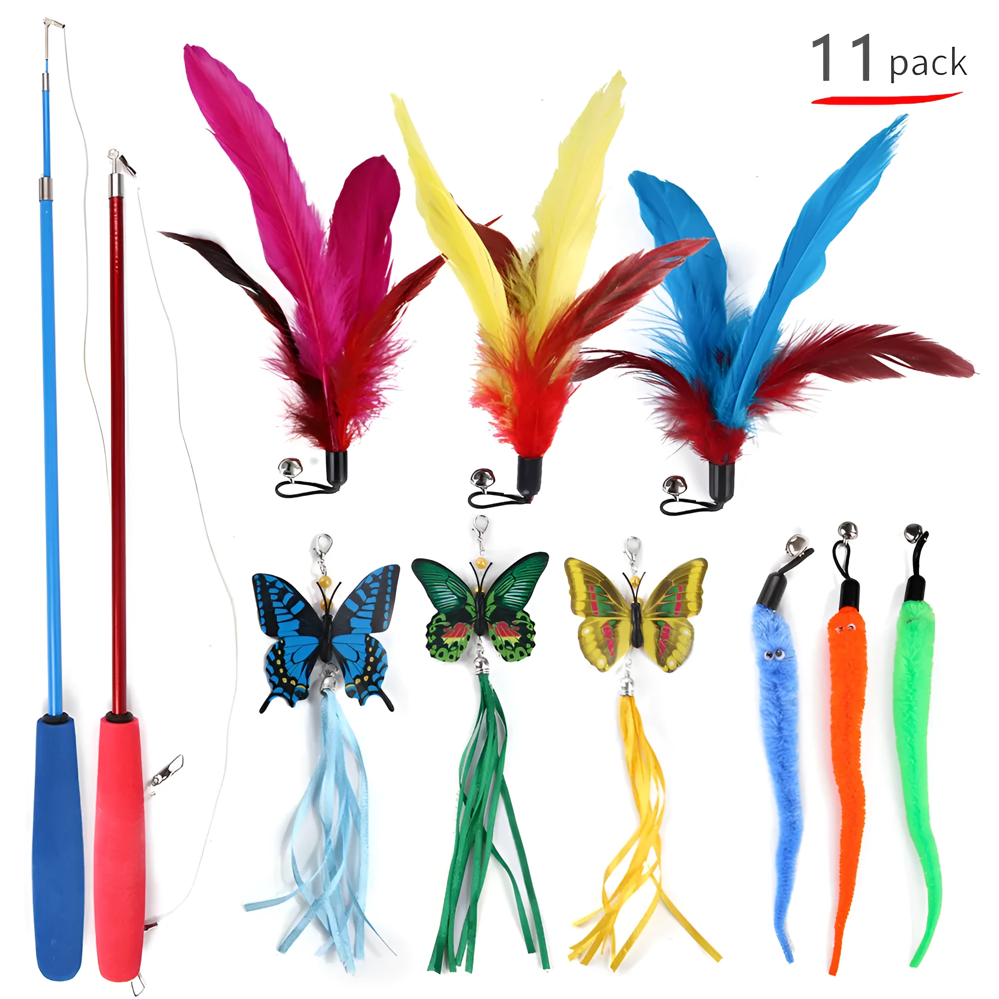 Butterfly combination pet toy set with fishing rod cat teaser and EVA pieces in assorted colours on white background