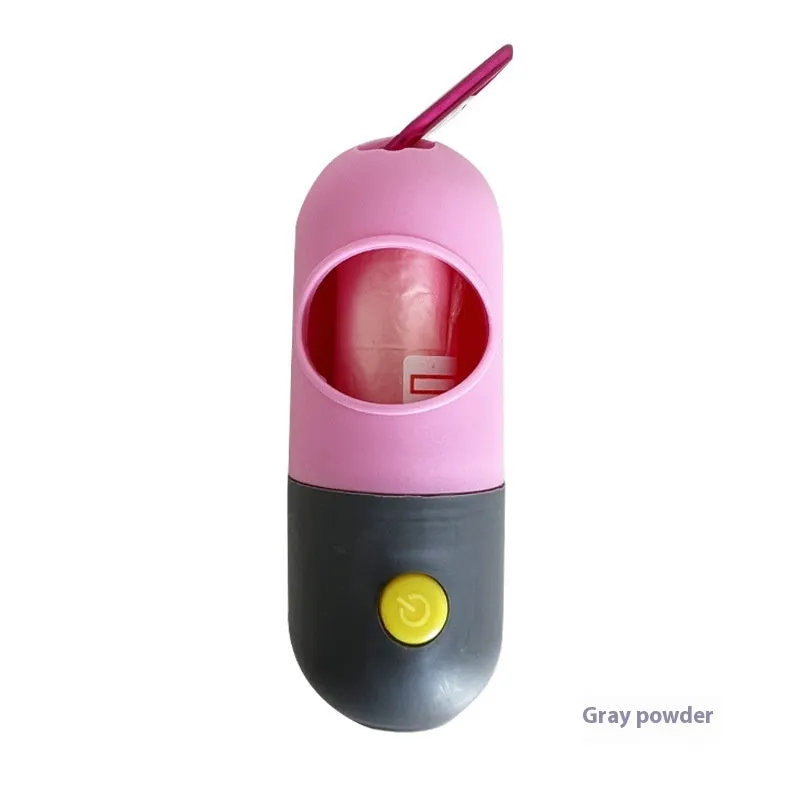 Compact LED pet waste bag dispenser in blue grey with a dog lead attachment and illuminated button