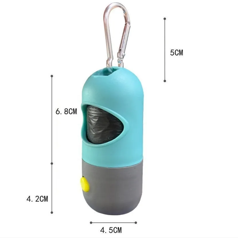 Compact LED pet waste bag dispenser in blue grey with a dog lead attachment and illuminated button