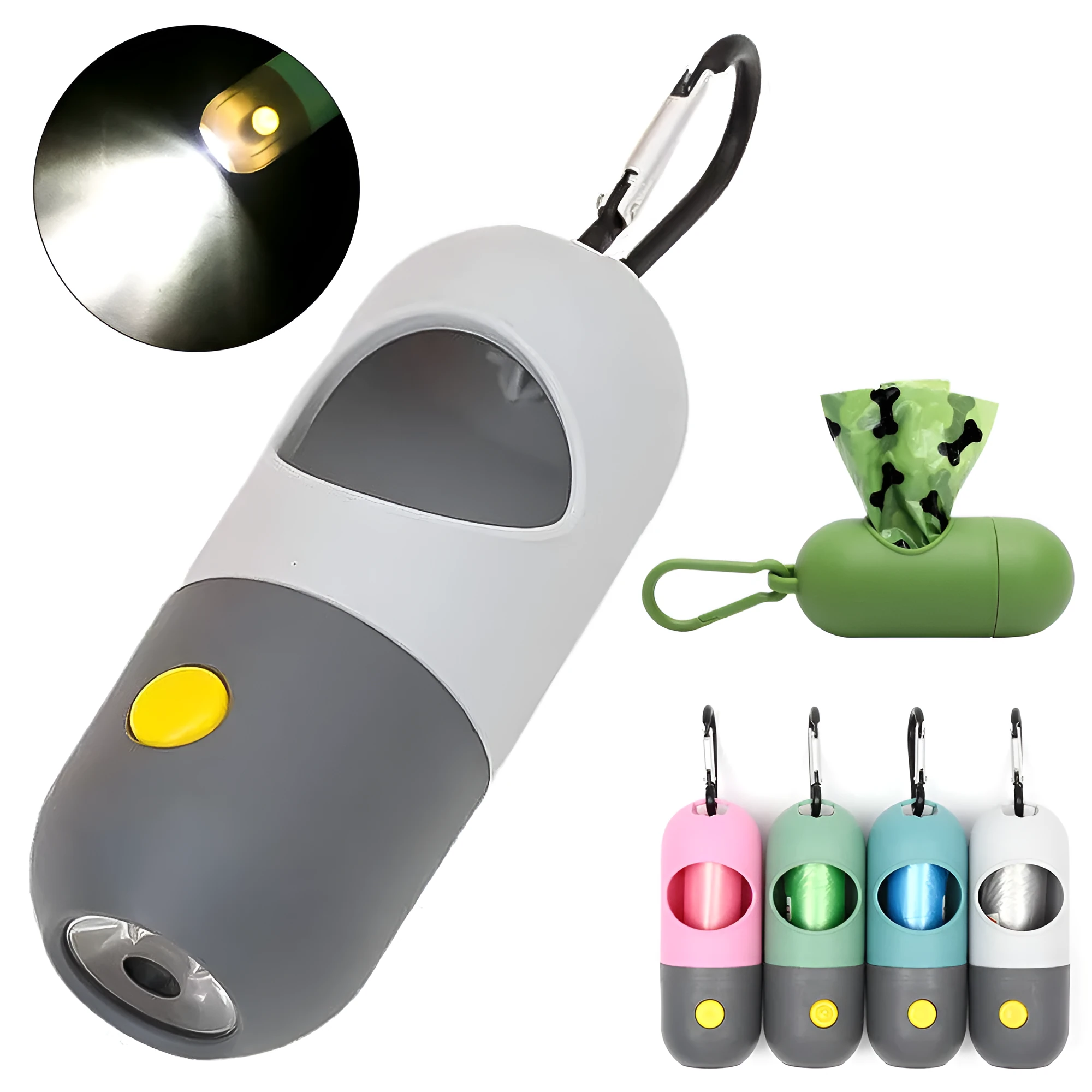 Compact LED pet waste bag dispenser in blue grey with a dog lead attachment and illuminated button