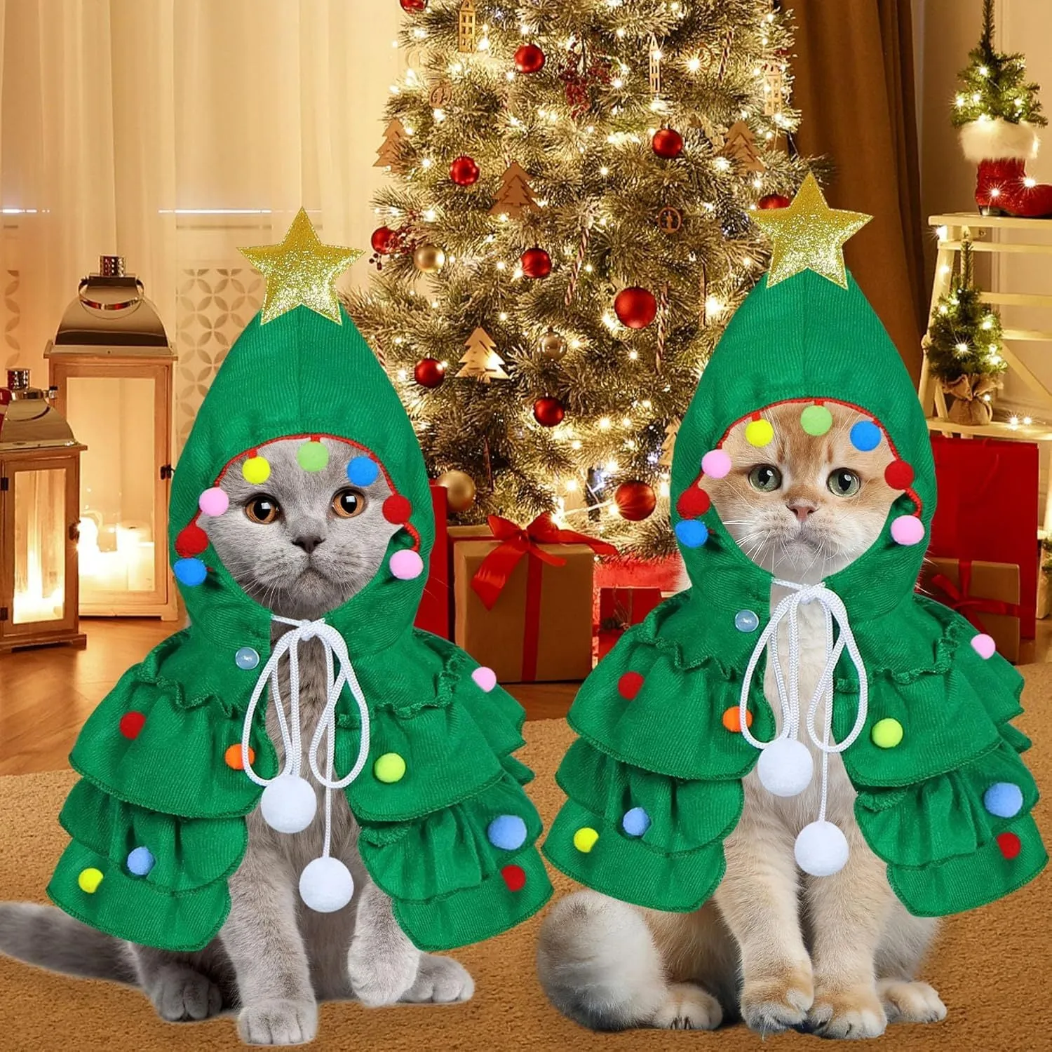 Cat Christmas tree costume in green with star ornament, size M, on a cat