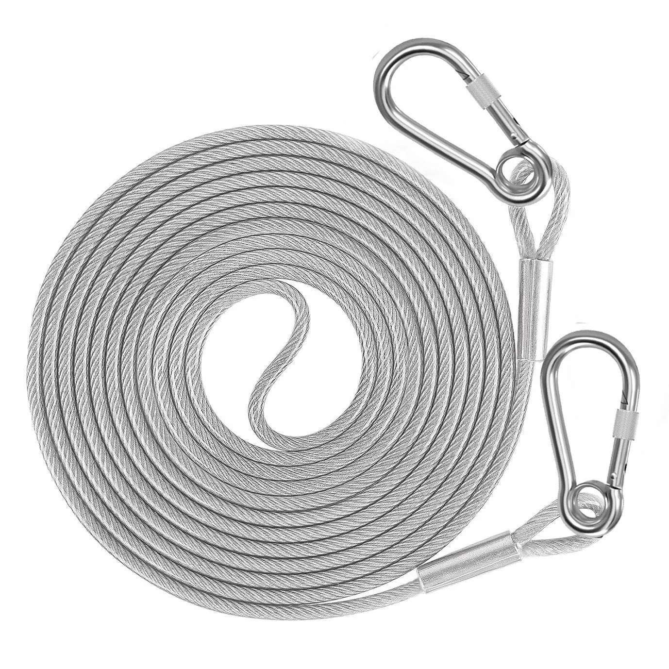 Stainless steel wire rope dog leash, 3mm diameter, coiled on a surface.