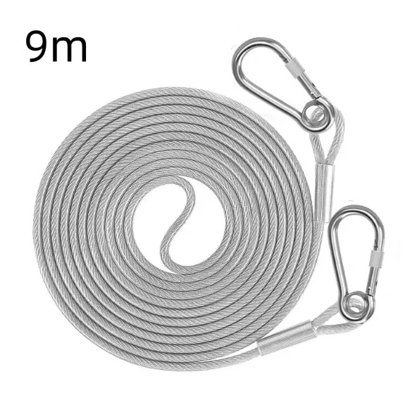 Stainless steel wire rope dog leash, 3mm diameter, coiled on a surface.