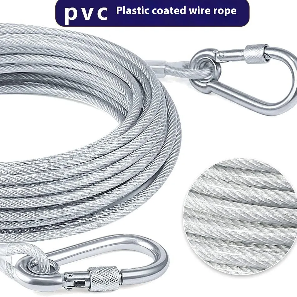 Stainless steel wire rope dog leash, 3mm diameter, coiled on a surface.