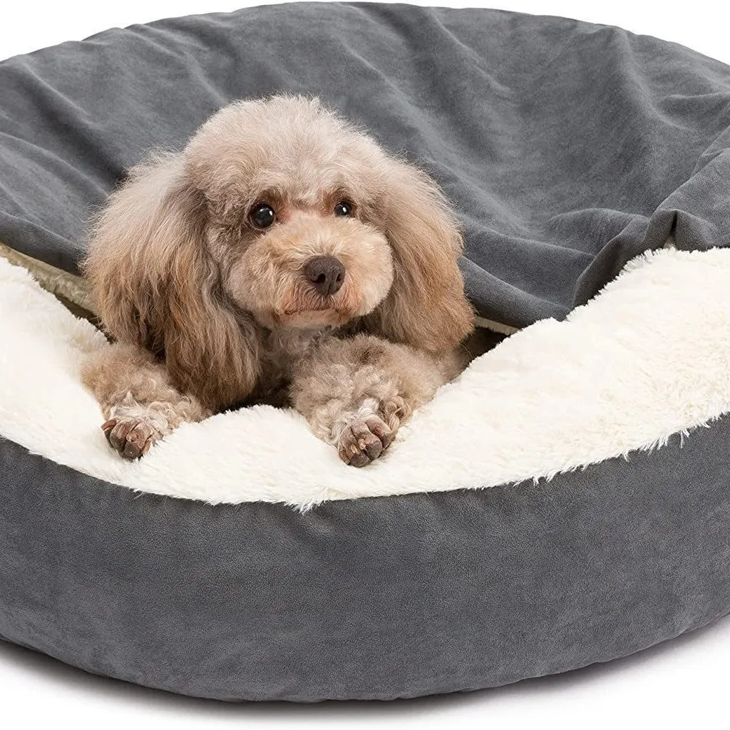 Grey beige teddy pet bed for small to medium dogs on floor