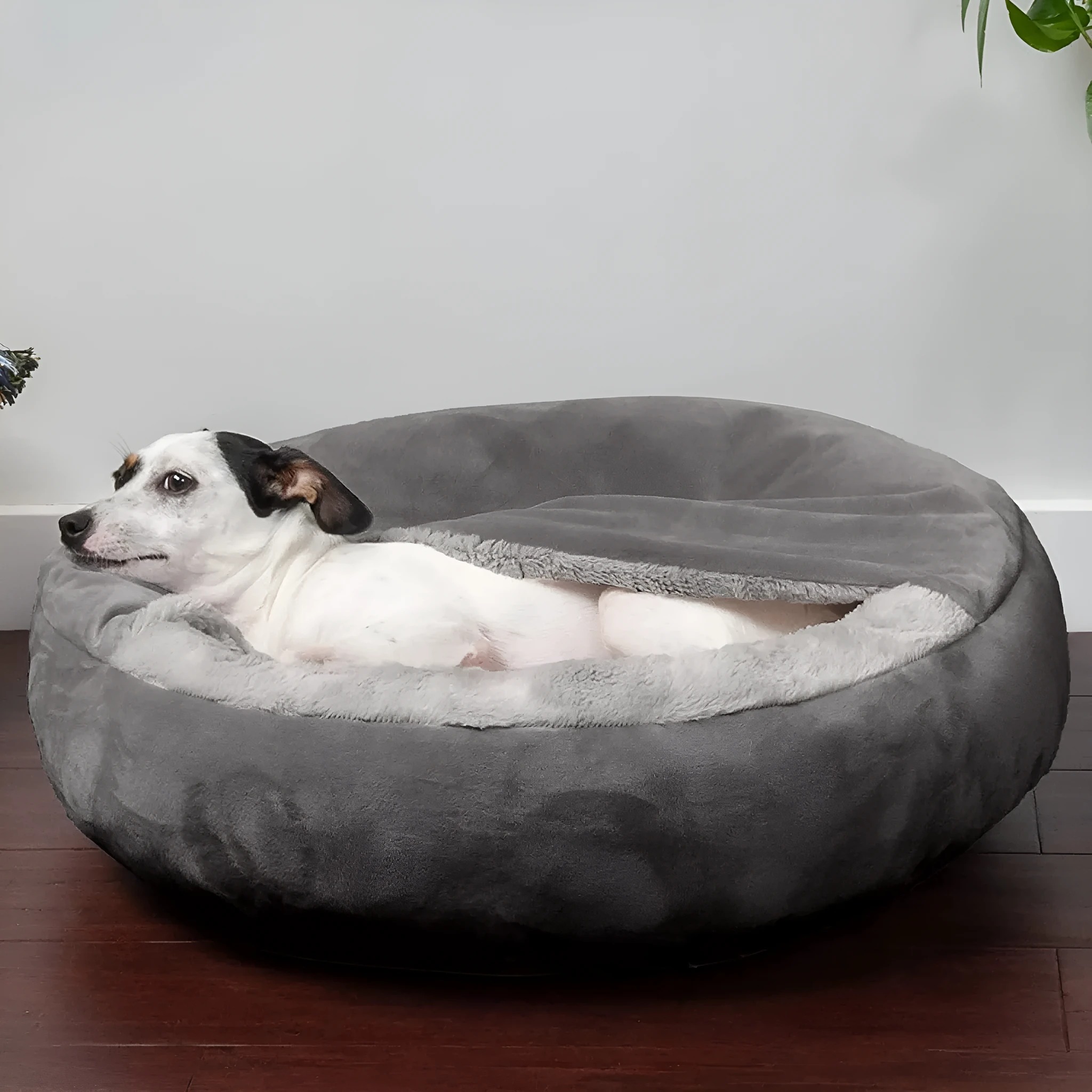 Grey beige teddy pet bed for small to medium dogs on floor