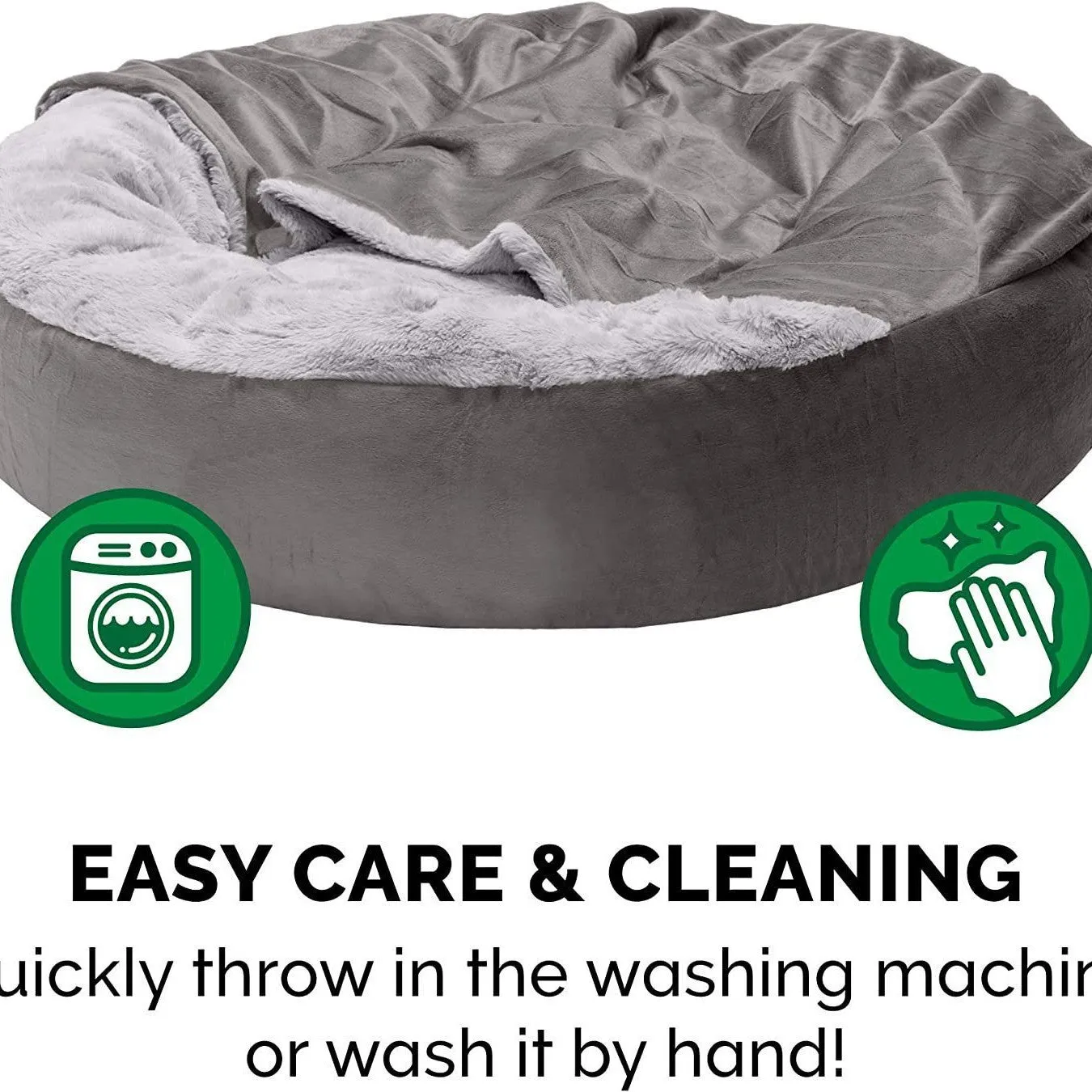 Grey beige teddy pet bed for small to medium dogs on floor