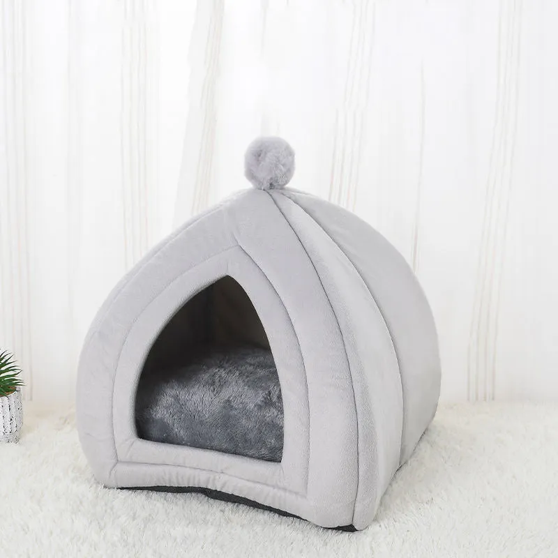 Soft plush cat bed in grey, tent style with cushion, size M 33x33x36 cm, washable cover