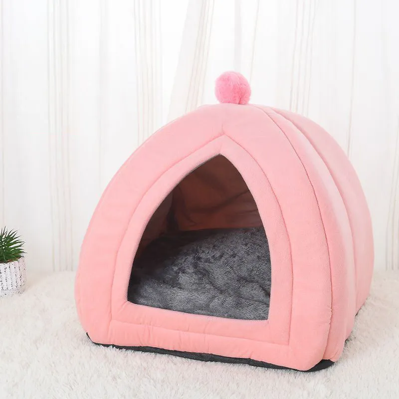 Soft plush cat bed in grey, tent style with cushion, size M 33x33x36 cm, washable cover