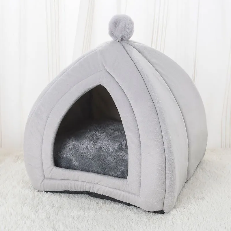 Soft plush cat bed in grey, tent style with cushion, size M 33x33x36 cm, washable cover