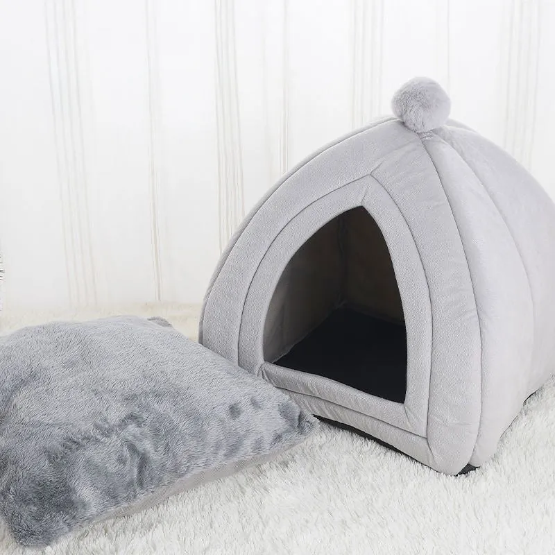 Soft plush cat bed in grey, tent style with cushion, size M 33x33x36 cm, washable cover