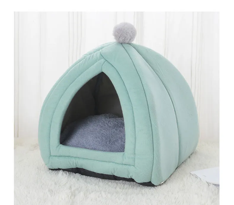 Soft plush cat bed in grey, tent style with cushion, size M 33x33x36 cm, washable cover