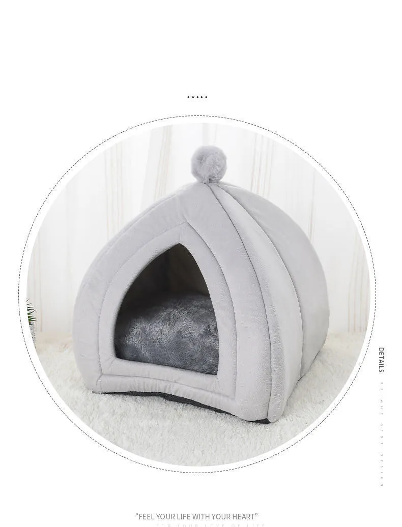 Soft plush cat bed in grey, tent style with cushion, size M 33x33x36 cm, washable cover