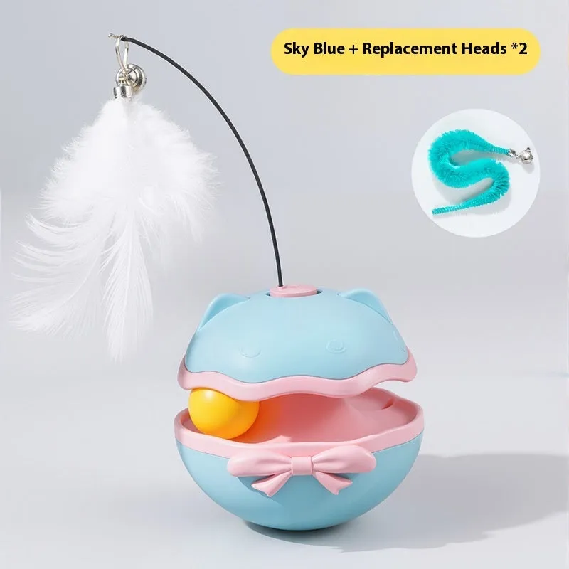 Electric self-righting cat tumbler toy in lemon yellow, sky blue, and soft fog grey colours.