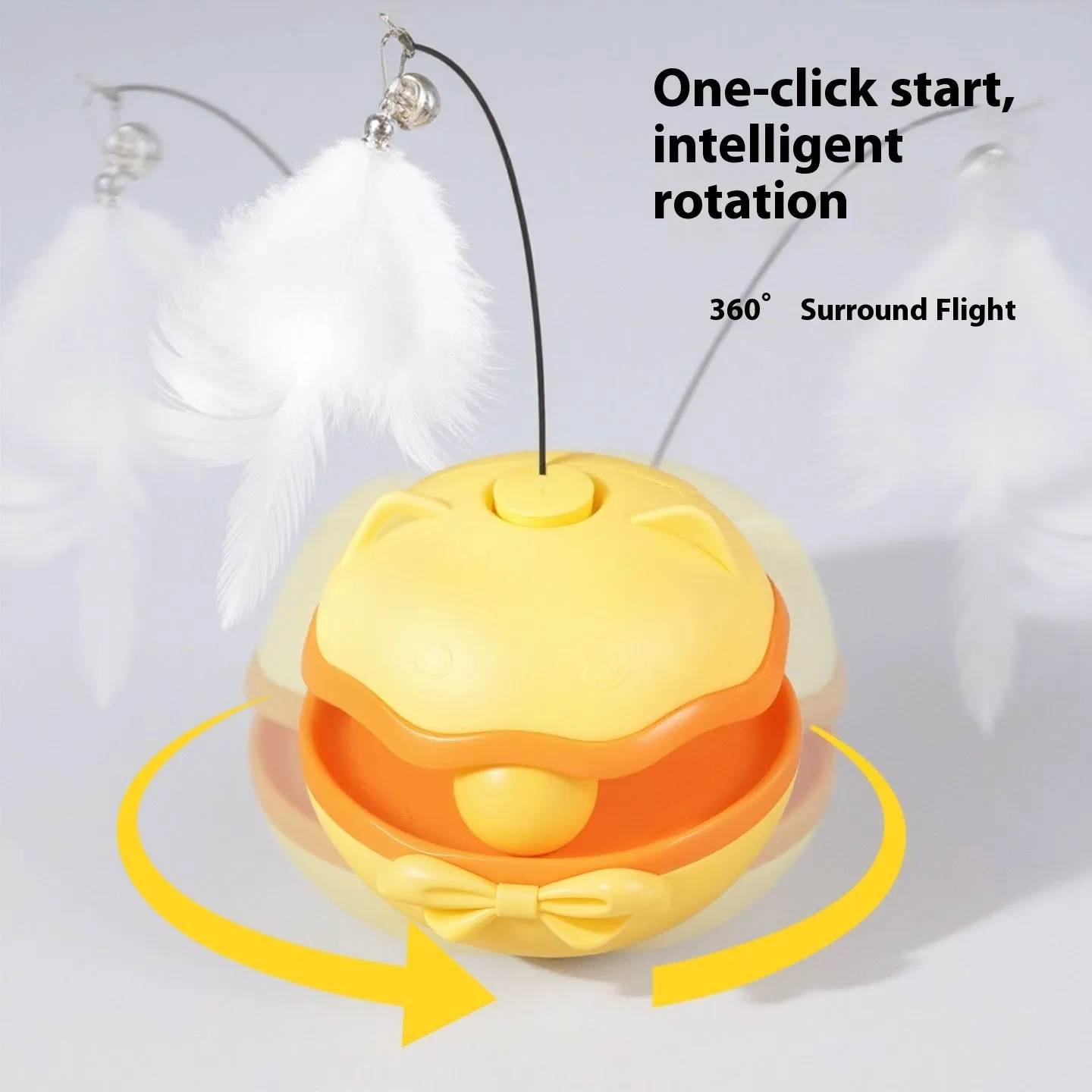 Electric self-righting cat tumbler toy in lemon yellow, sky blue, and soft fog grey colours.