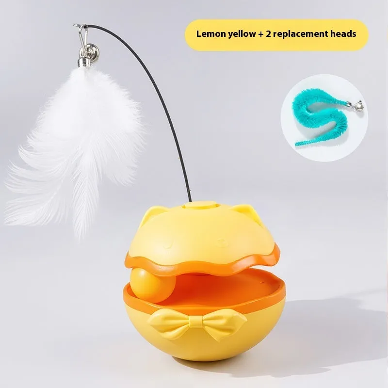 Electric self-righting cat tumbler toy in lemon yellow, sky blue, and soft fog grey colours.