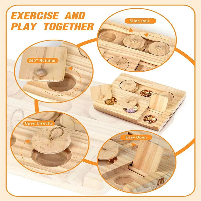 Wooden hamster feeder in natural wood colour on a flat surface