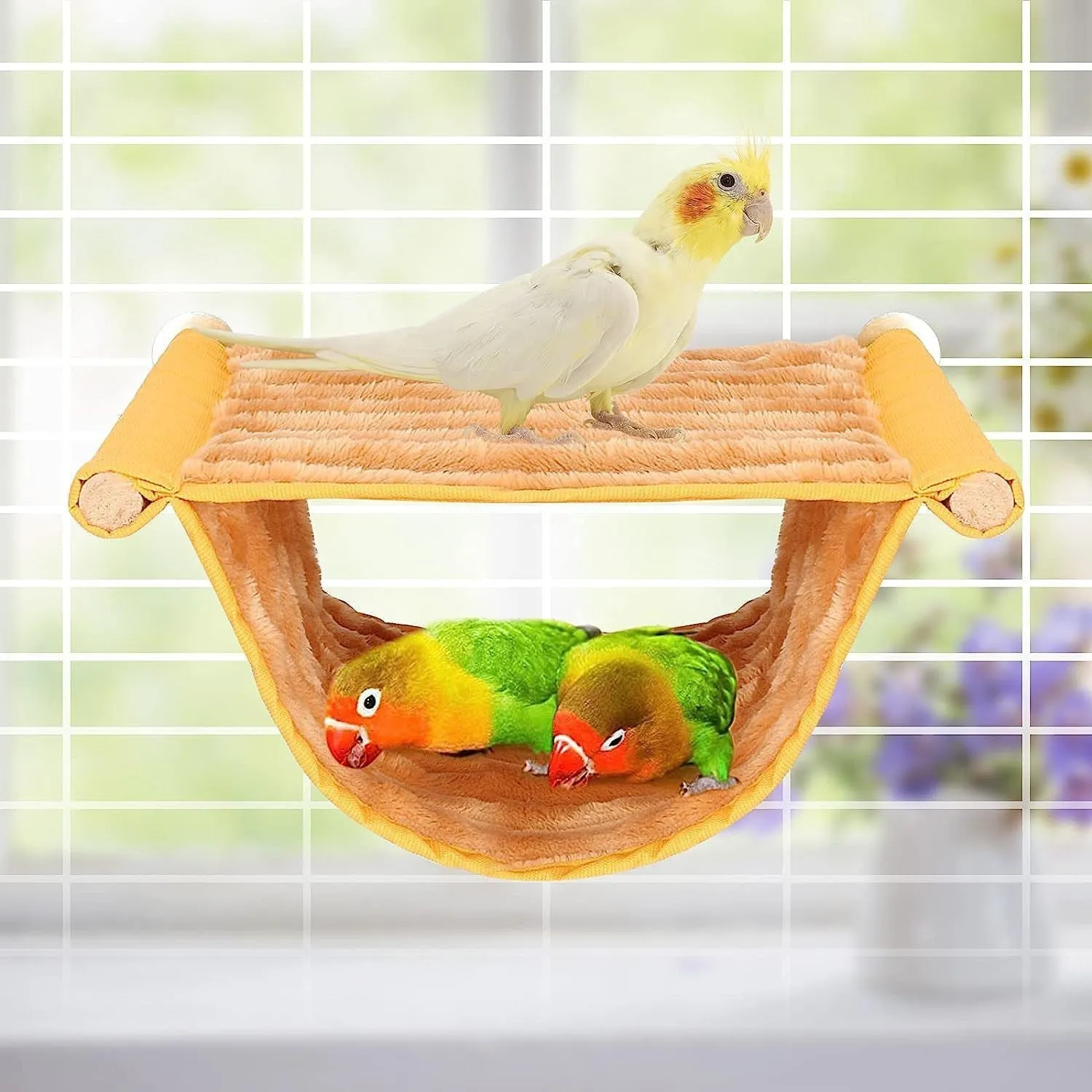 Pet hammock wooden frame gray yellow hanging cradle for small animals