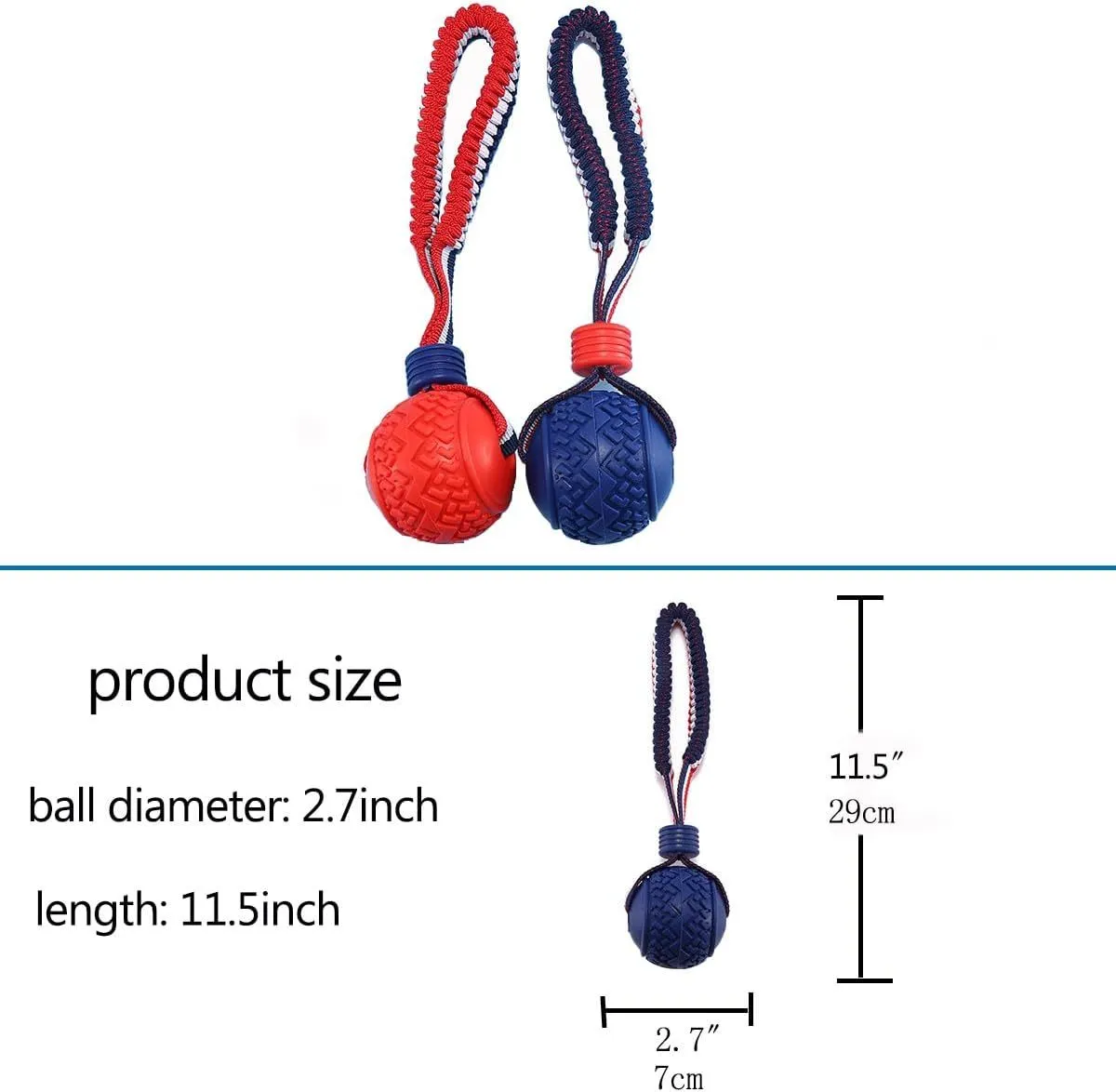 Blue rubber dog ball with rope attachment for tug-of-war and teeth cleaning