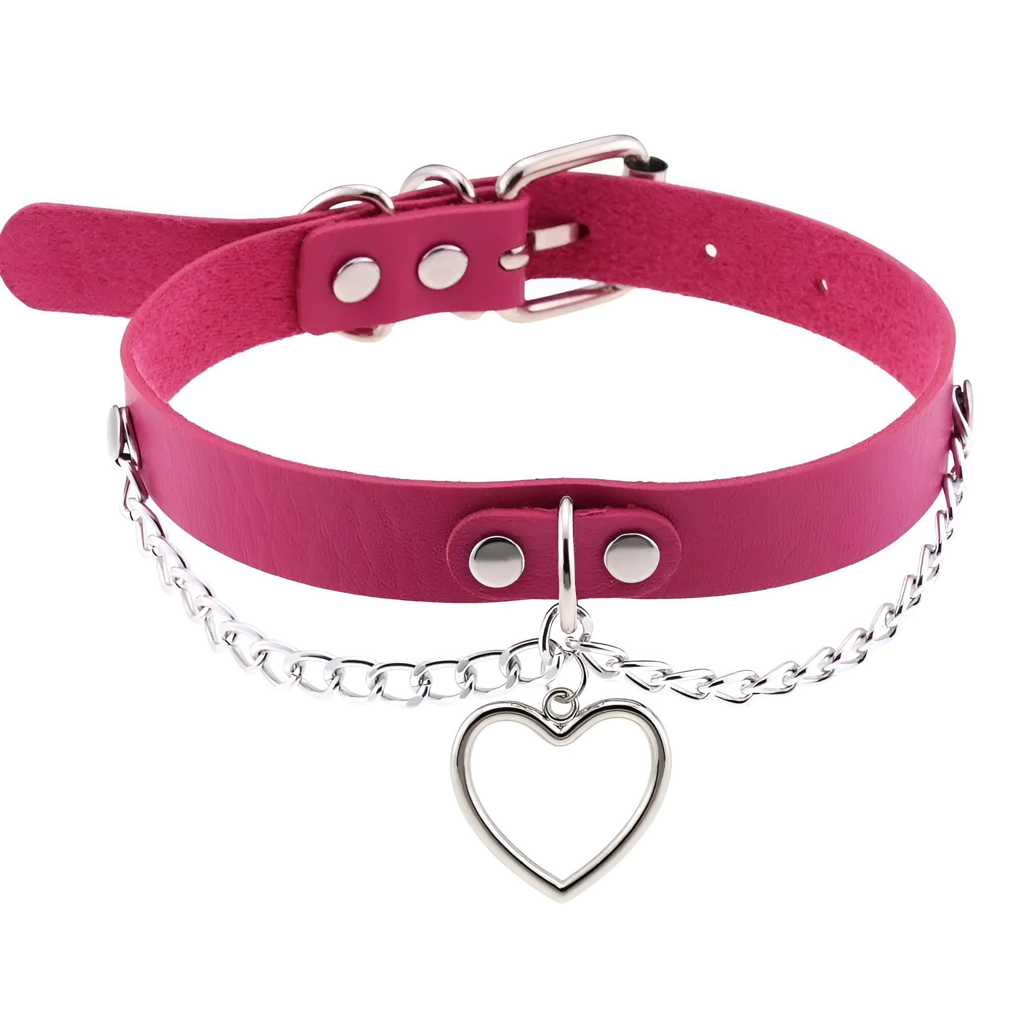 Heart-shaped leather collar clavicle necklace in black with chain link detail on woman's neck
