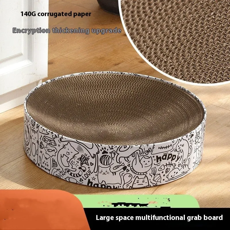 Round white corrugated paper cat scratching board nest, 42x42x10cm extra large, on a floor