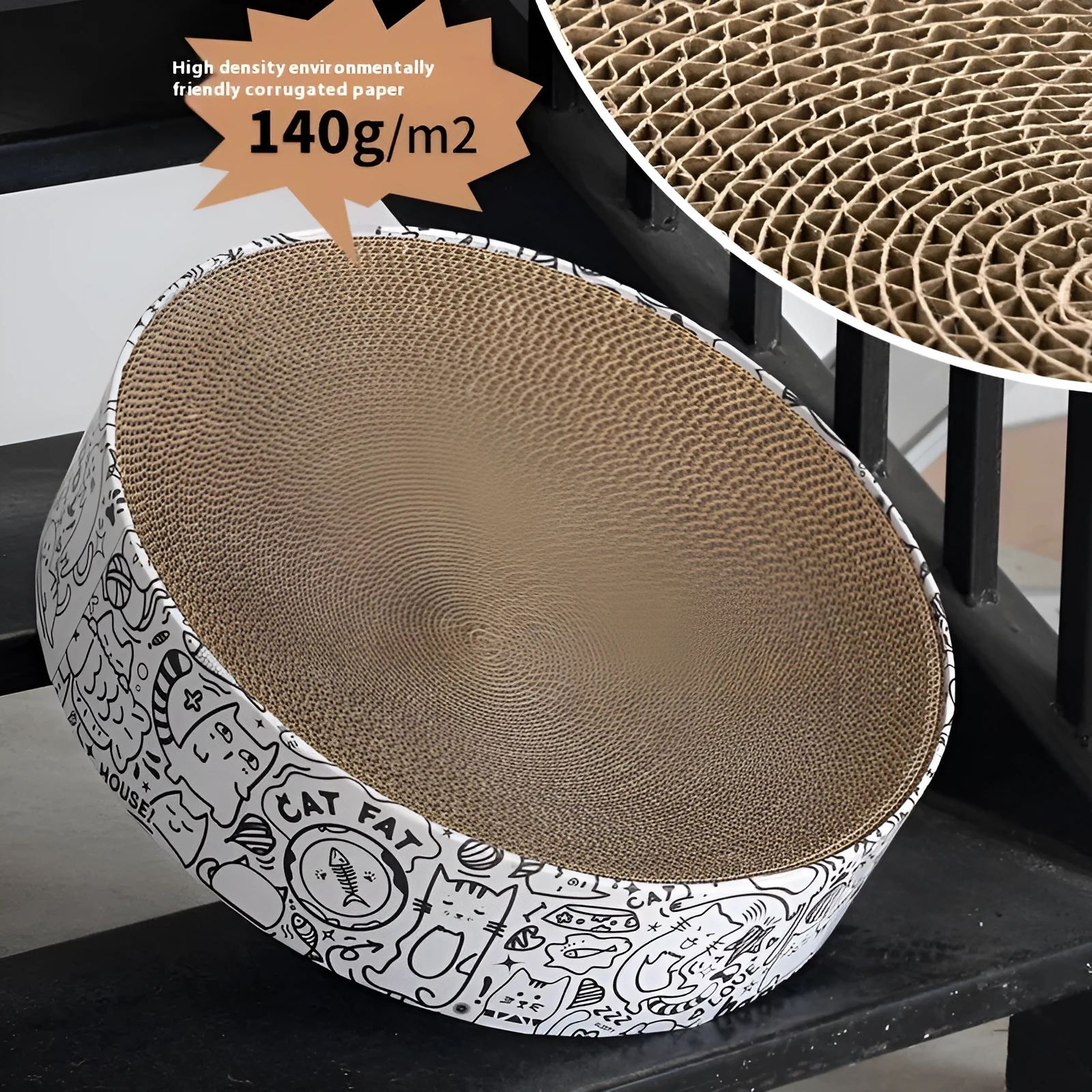 Round white corrugated paper cat scratching board nest, 42x42x10cm extra large, on a floor