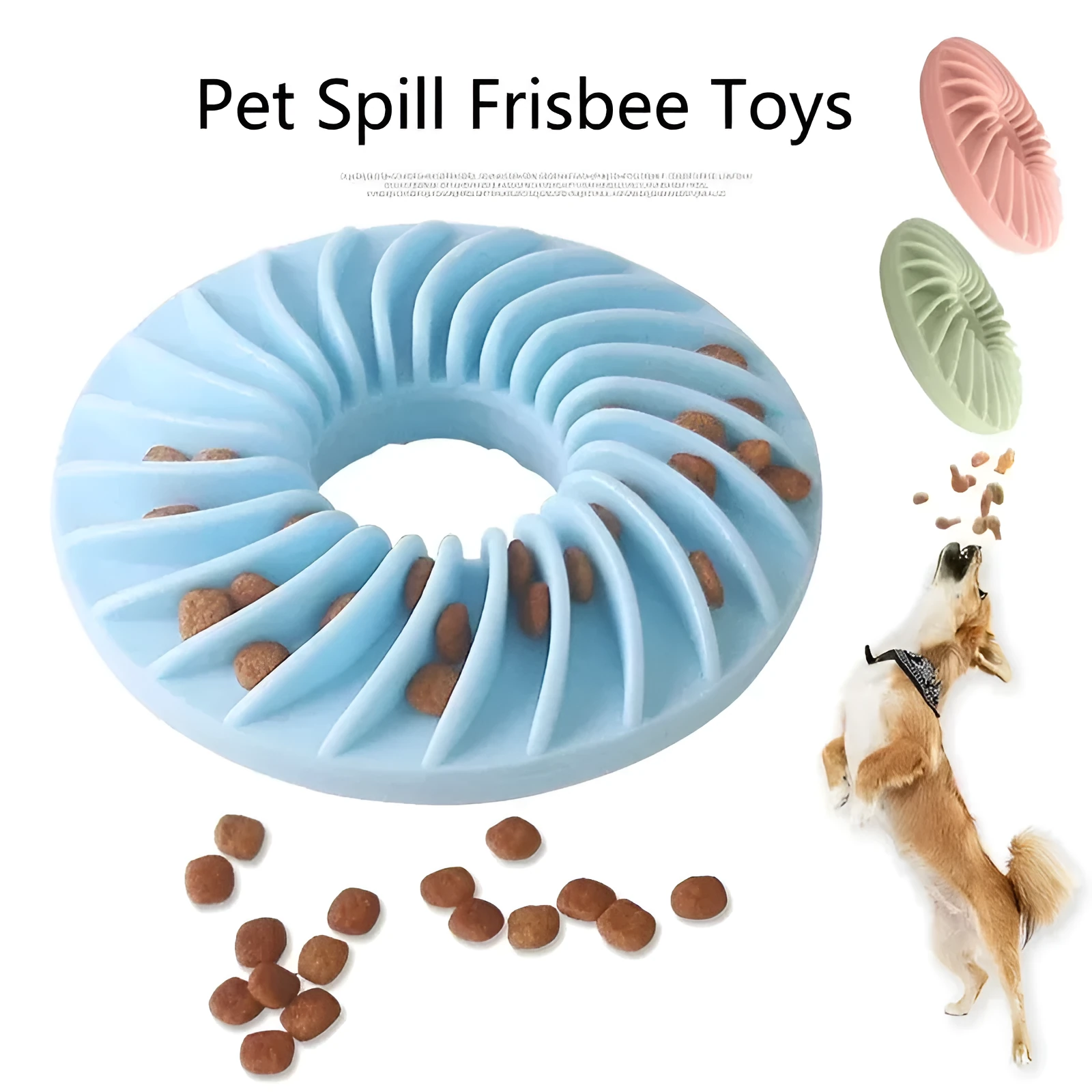 Soft round TPR leakage food pet toy for puppies, available in blue, green, and pink