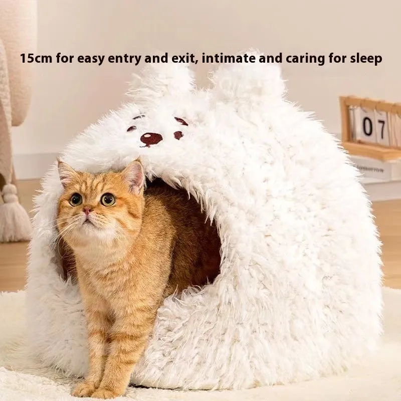Closed warm plush cat nest in plush white bear colour, size M, on a wooden floor